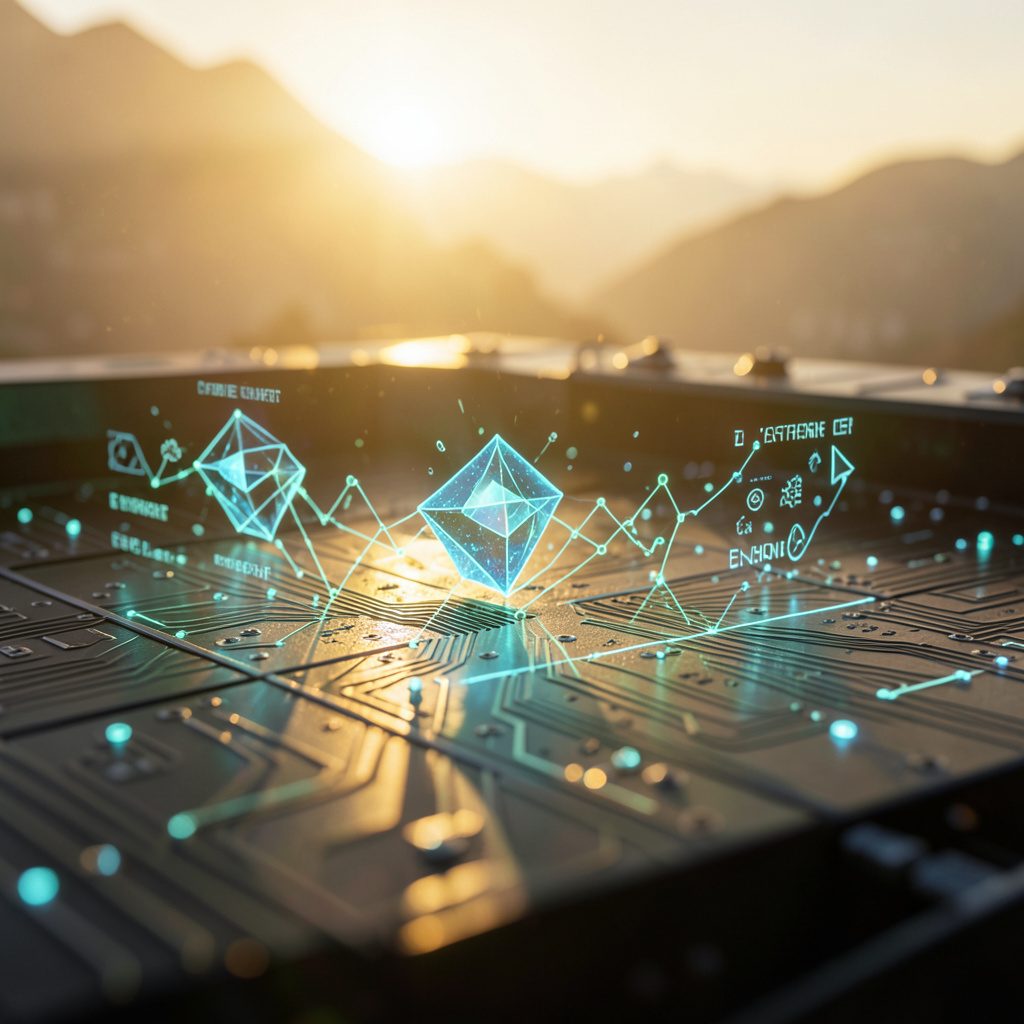 Paneles solares al atardecer con montañas al fondo, luz dorada y tonos verdes y ocres, sensación de innovación y sostenibilidad