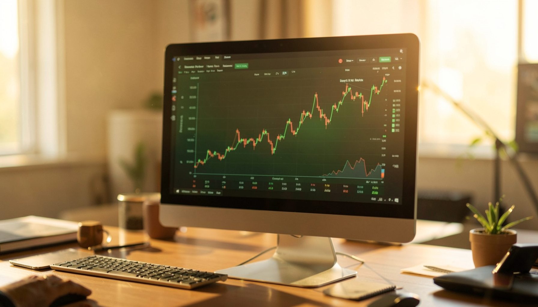 Pantalla de computadora mostrando gráficos y datos del mercado de criptomonedas en tonos verdes y dorados, ambiente cálido de oficina con luz natural suave.