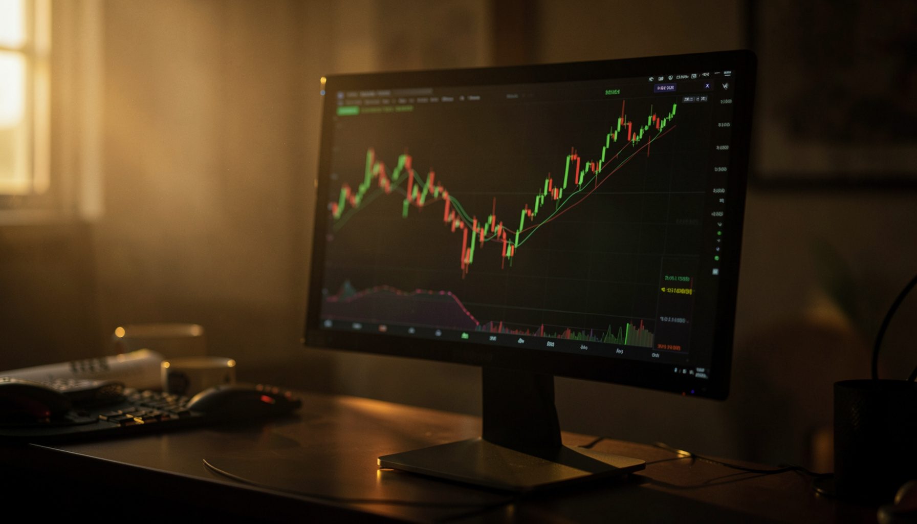 Pantalla de monitor con gráficos de velas y líneas de tendencia en tonos verdes y rojos sobre fondo oscuro, ambiente de sala de trading en penumbra con luz cálida